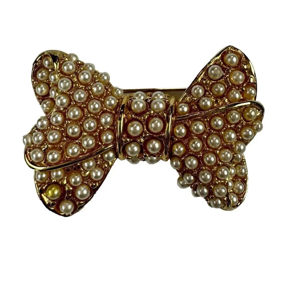 Vintage Faux Pearl Bow Brooch Gold Tone Coquette Ribbon Statement Pin Gift